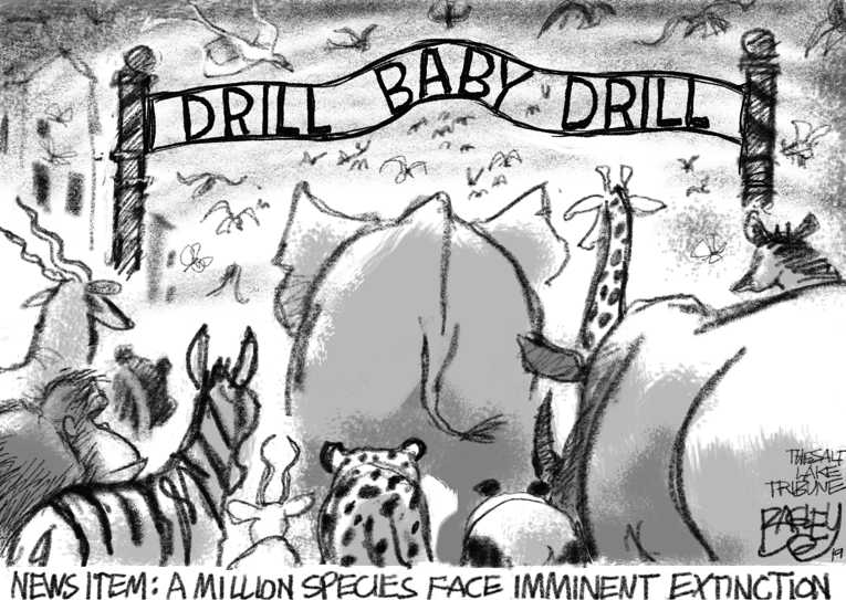 Political/Editorial Cartoon by Pat Bagley, Salt Lake Tribune on Mass Extinction Accelerating