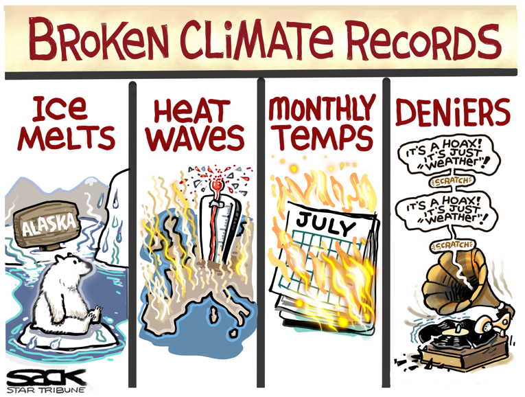 Political/Editorial Cartoon by Steve Sack, Minneapolis Star Tribune on Hottest July in Human History