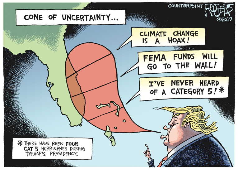 Political/Editorial Cartoon by Rob Rogers on Trump Touts Size of Hurricane