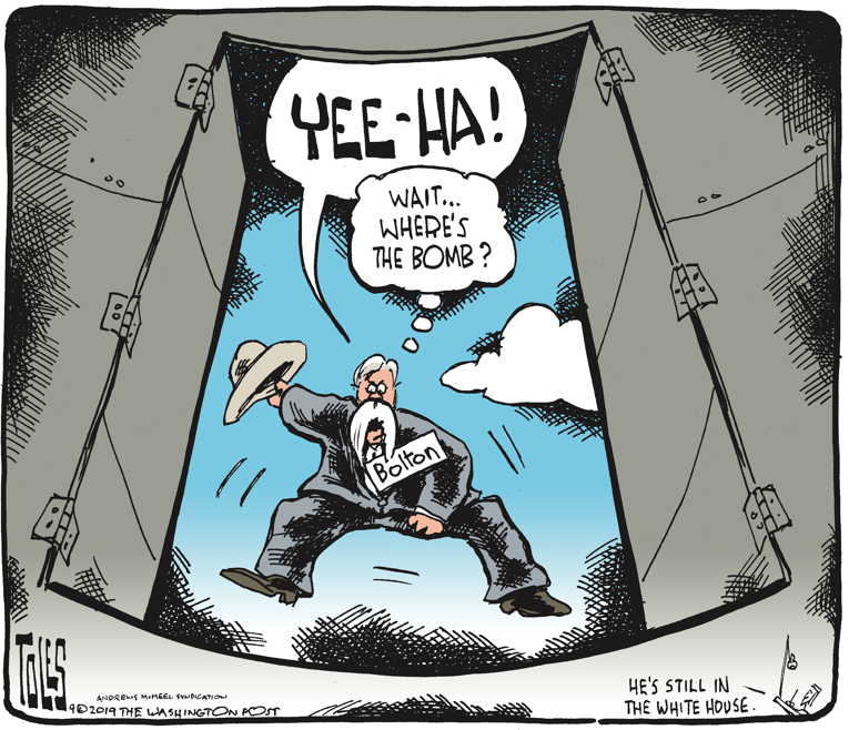 Political/Editorial Cartoon by Tom Toles, Washington Post on Bolton Fired!