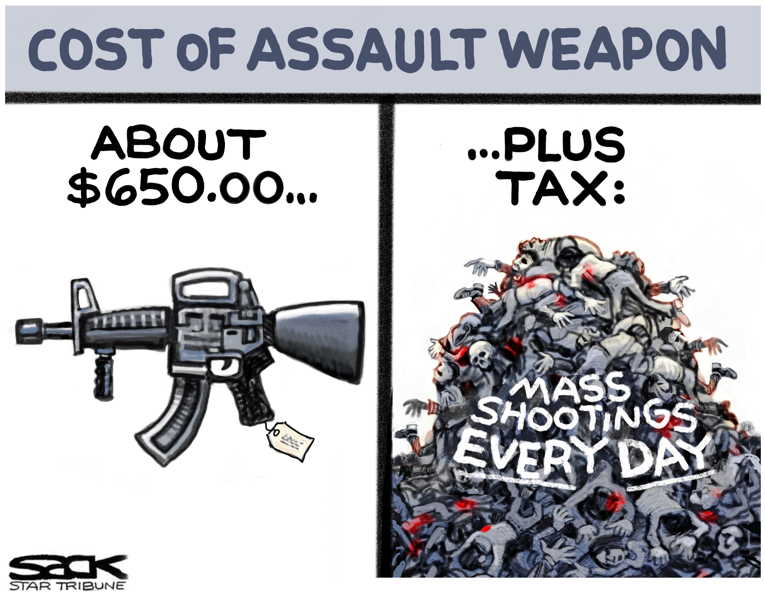 Political/Editorial Cartoon by Steve Sack, Minneapolis Star Tribune on Weapon Makers Cashing In