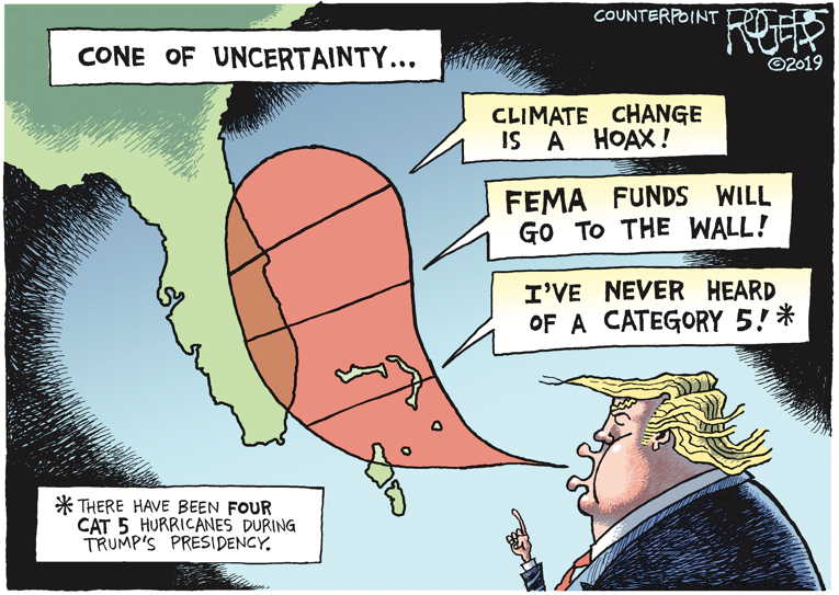 Political/Editorial Cartoon by Rob Rogers on Hurricane Defies President
