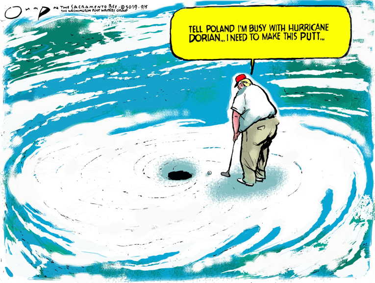 Political/Editorial Cartoon by Jack Ohman, The Oregonian on Hurricane Defies President