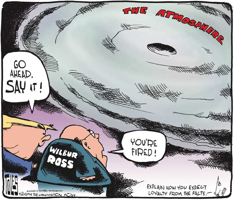 Political/Editorial Cartoon by Tom Toles, Washington Post on Hurricane Defies President