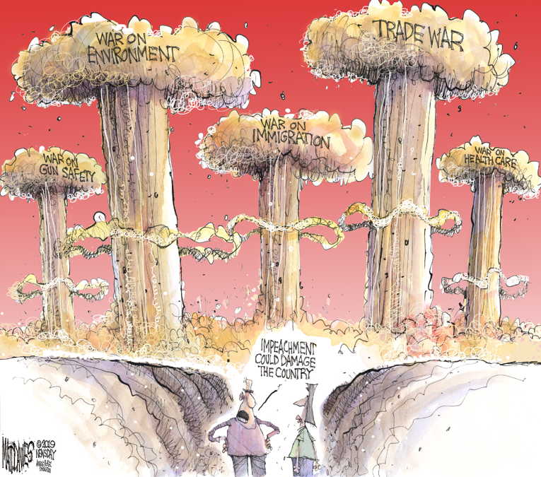 Political/Editorial Cartoon by Matt Davies, Journal News on Nation Divided on Impeachment
