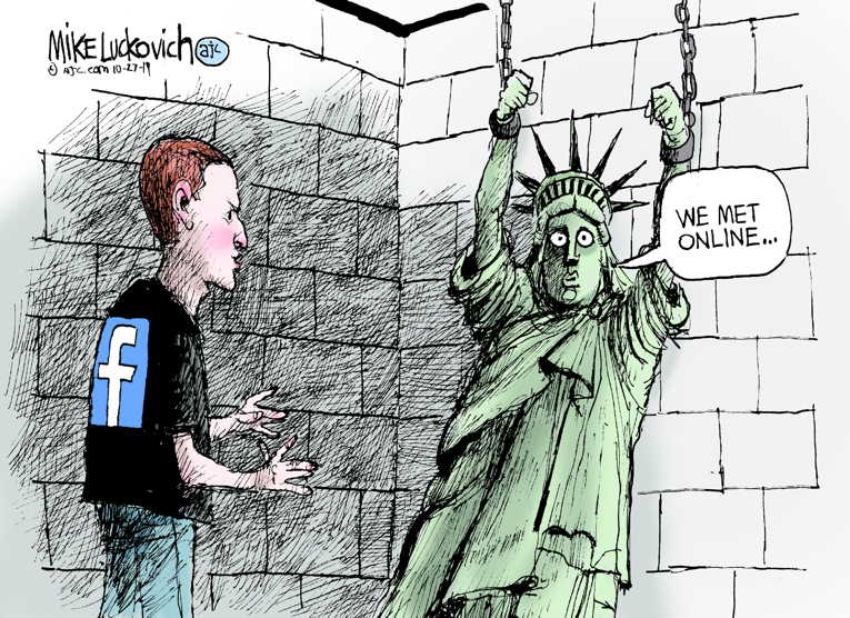 Political/Editorial Cartoon by Mike Luckovich, Atlanta Journal-Constitution on Zuckerberg Doubles Down