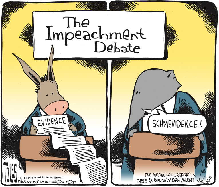 Political/Editorial Cartoon by Tom Toles, Washington Post on Impeachment Battle Underway