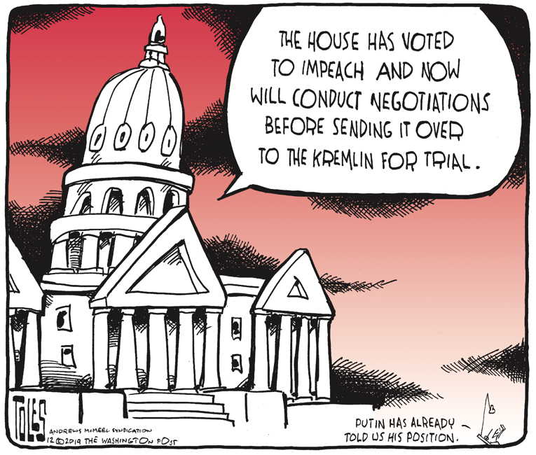 Political/Editorial Cartoon by Tom Toles, Washington Post on Pelosi Holds Impeachment Articles