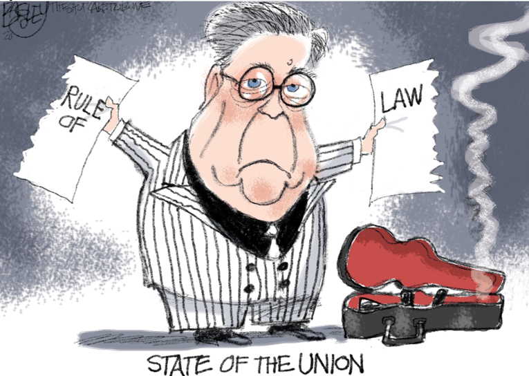 Political/Editorial Cartoon by Pat Bagley, Salt Lake Tribune on Barr Lauds Fascism