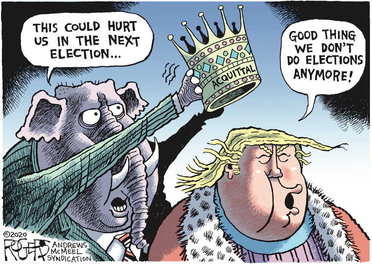 Political/Editorial Cartoon by Rob Rogers on Trump Reflects on Acquittal