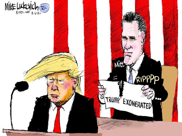 Political/Editorial Cartoon by Mike Luckovich, Atlanta Journal-Constitution on Romney Defies President
