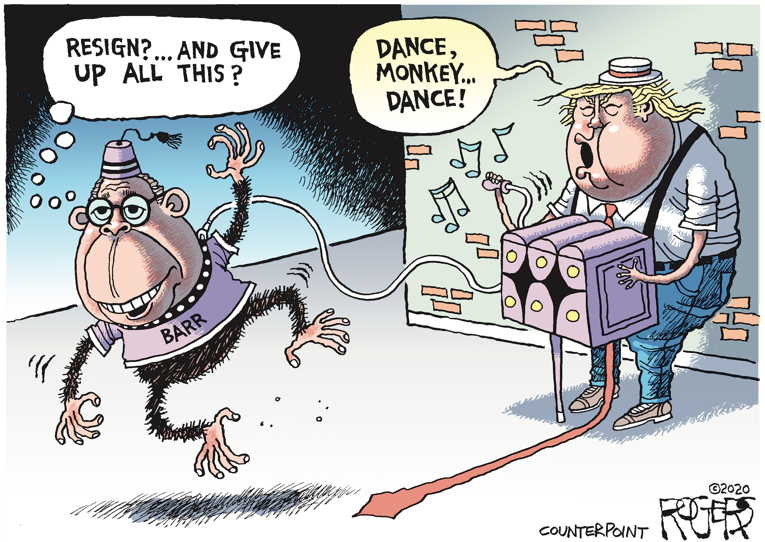 Political/Editorial Cartoon by Rob Rogers on Barr Claims Discomfort