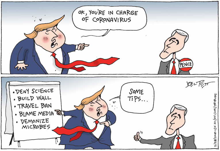 Political/Editorial Cartoon by Joel Pett, Lexington Herald-Leader, CWS/CartoonArts Intl. on Pence Named to Head Virus Response