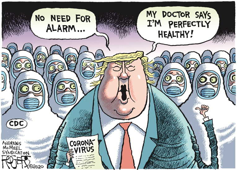 Political/Editorial Cartoon by Rob Rogers on Trump Attempts to Reassure Nation