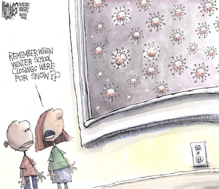Political/Editorial Cartoon by Matt Davies, Journal News on Schools Closed, Events Cancelled