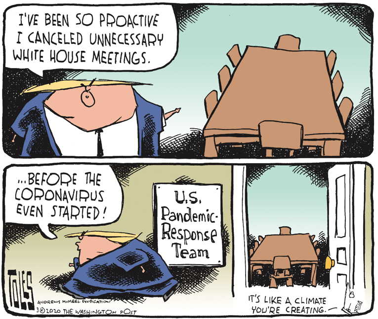 Political/Editorial Cartoon by Tom Toles, Washington Post on President Lauds Trump’s Response