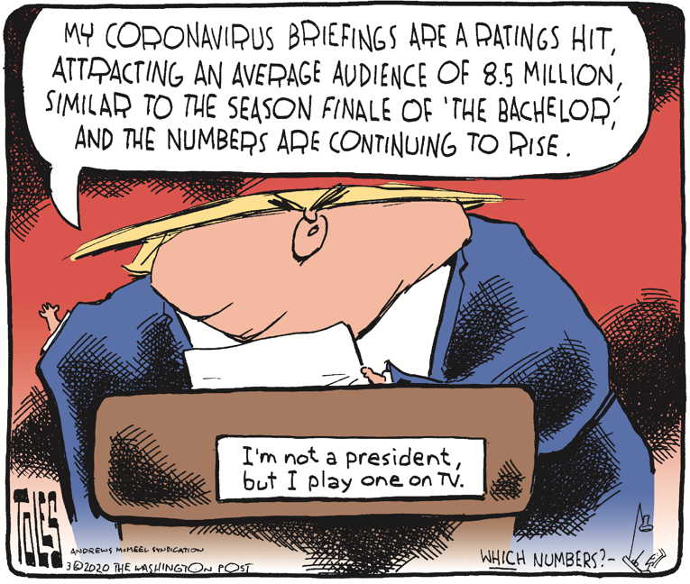 Political/Editorial Cartoon by Tom Toles, Washington Post on President Lauds Briefings Ratings