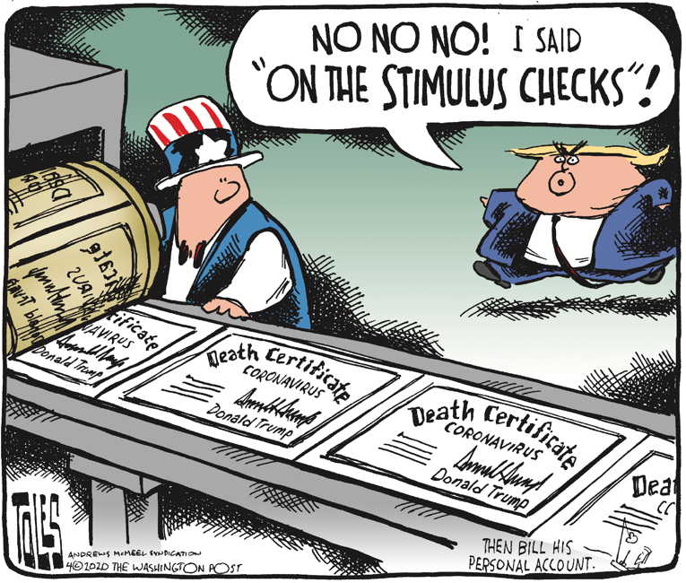 Political/Editorial Cartoon by Tom Toles, Washington Post on Stimulus Checks Delayed