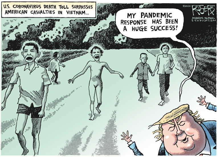 Political/Editorial Cartoon by Rob Rogers on President Declares Victory