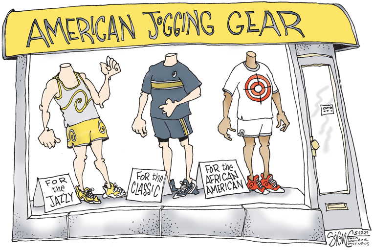 Political/Editorial Cartoon by Signe Wilkinson, Philadelphia Daily News on Black Jogger Killed in GA