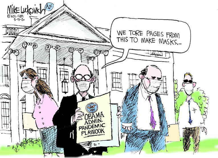 Political/Editorial Cartoon by Mike Luckovich, Atlanta Journal-Constitution on Trump Administration Blames Obama