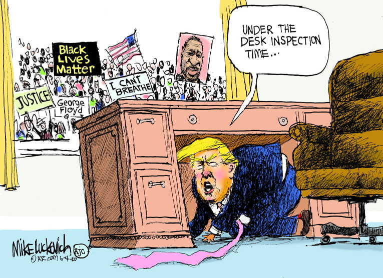 Political/Editorial Cartoon by Mike Luckovich, Atlanta Journal-Constitution on Trump Retreats to Bunker