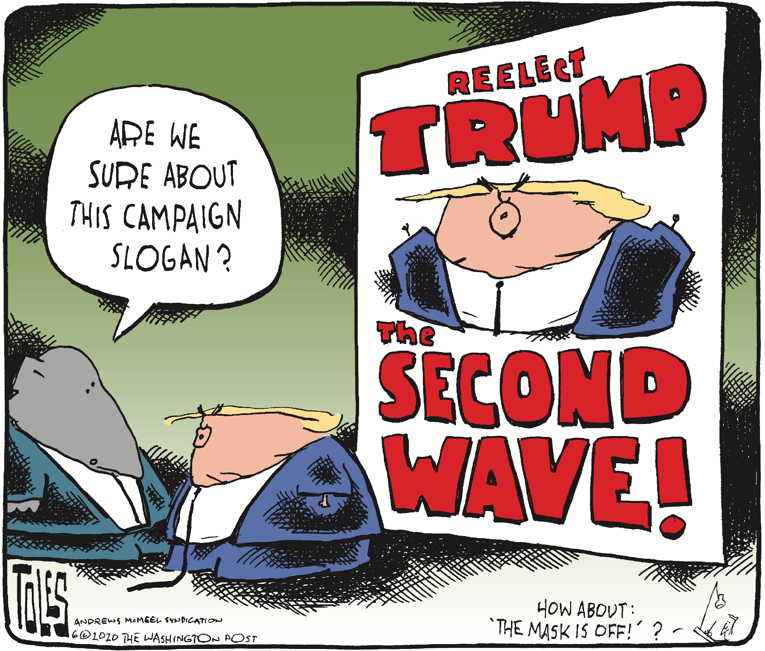 Political/Editorial Cartoon by Tom Toles, Washington Post on Trump Rallies in Tulsa