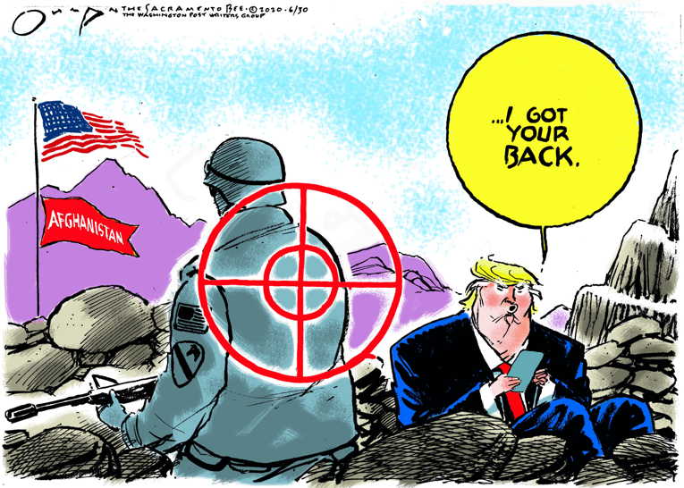 Political/Editorial Cartoon by Jack Ohman, The Oregonian on Russia Targeted U.S. Soldiers