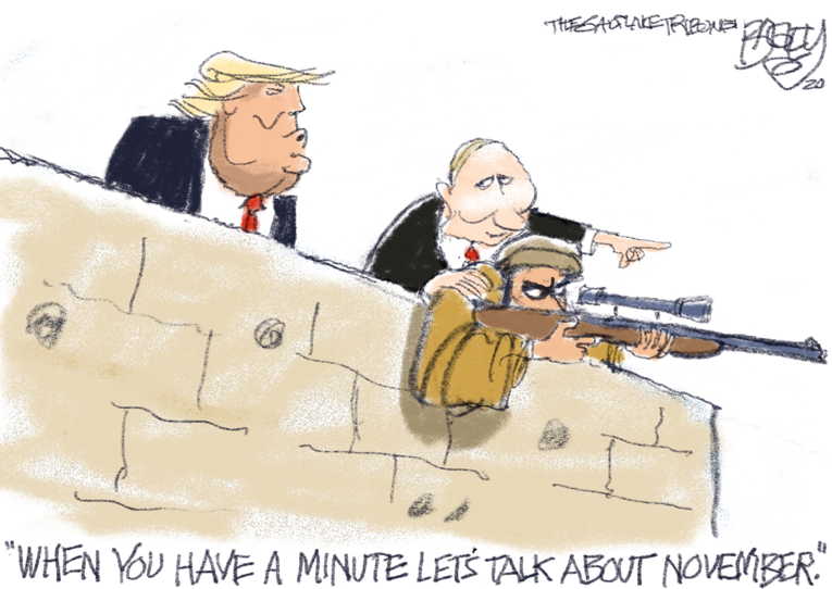 Political/Editorial Cartoon by Pat Bagley, Salt Lake Tribune on Russia Targeted U.S. Soldiers