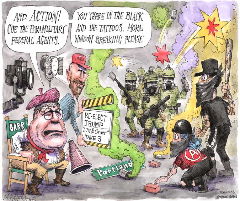 Political/Editorial Cartoon by Matt Wuerker, Politico on Federal Troops Invade Portland