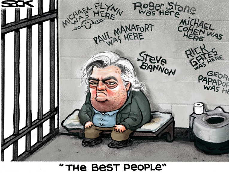 Political/Editorial Cartoon by Steve Sack, Minneapolis Star Tribune on Steve Bannon Arrested