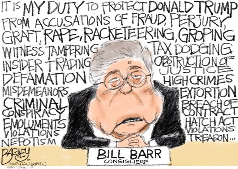 Political/Editorial Cartoon by Pat Bagley, Salt Lake Tribune on Barr Goes All In
