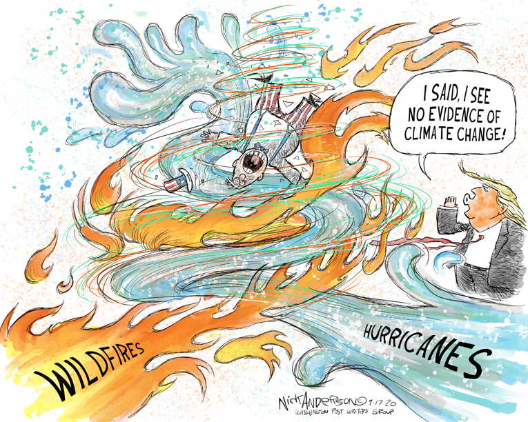 Political/Editorial Cartoon by Nick Anderson, Houston Chronicle on Storms Ravage U.S.