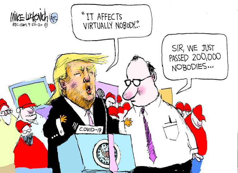 Political/Editorial Cartoon by Mike Luckovich, Atlanta Journal-Constitution on Trump: “Covid Not a Problem”