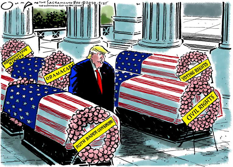Political/Editorial Cartoon by Jack Ohman, The Oregonian on GOP Dances on RBG’s Grave