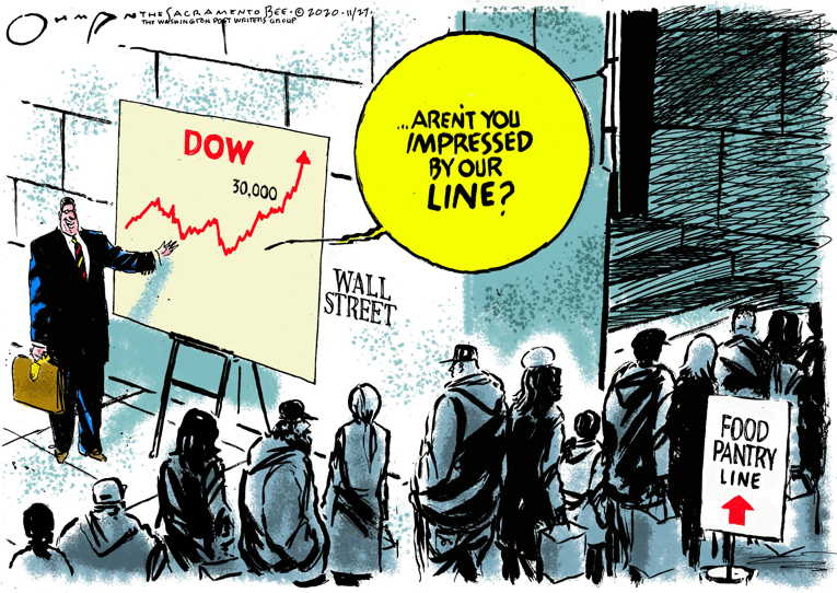 Political/Editorial Cartoon by Jack Ohman, The Oregonian on Dow Reaches Record High