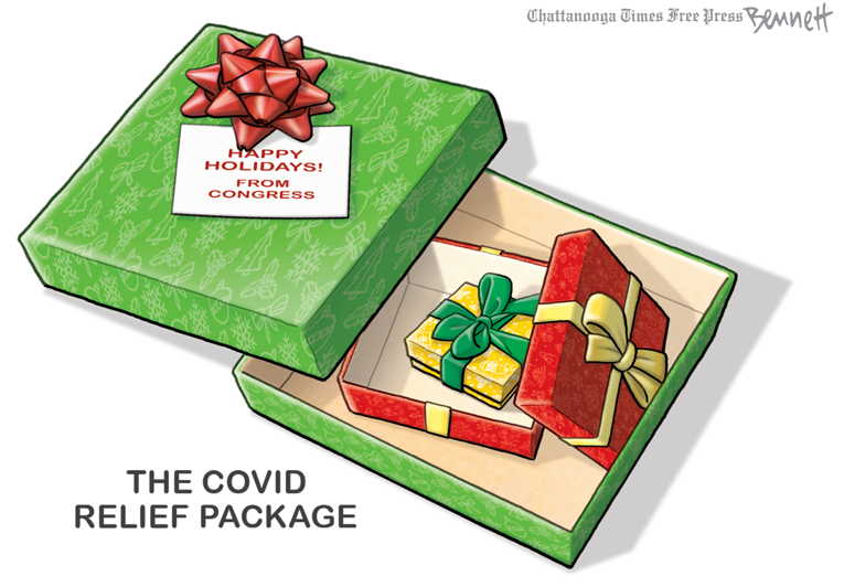 Political/Editorial Cartoon by Clay Bennett, Chattanooga Times Free Press on Stimulus Deal Reached