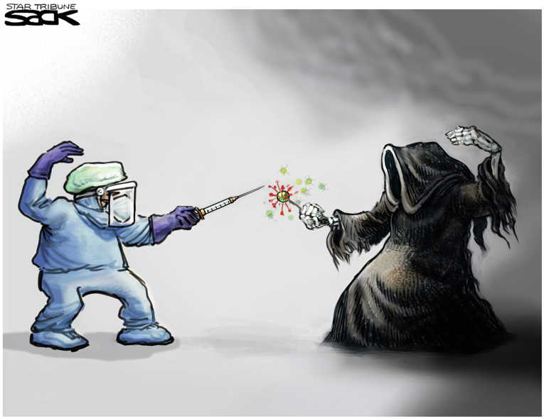 Political/Editorial Cartoon by Steve Sack, Minneapolis Star Tribune on Vaccine Distribution Begins