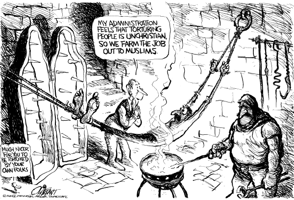 Editorial Cartoon by Pat Oliphant, Universal Press Syndicate on Tortured Policies