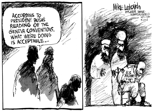 Editorial Cartoon by Mike Luckovich, Atlanta Journal-Constitution on Tortured Policies
