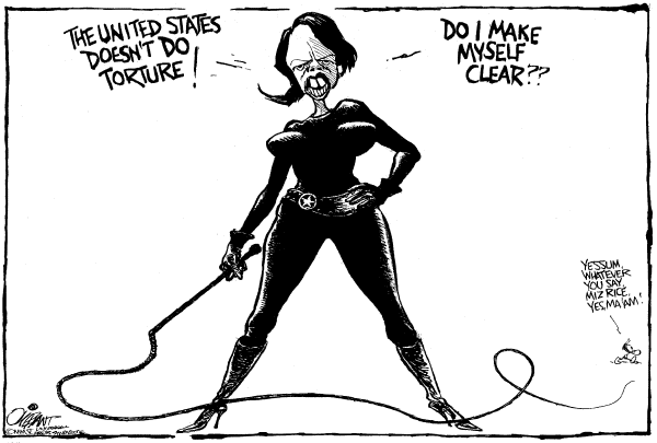Editorial Cartoon by Pat Oliphant, Universal Press Syndicate on Tortured Policies