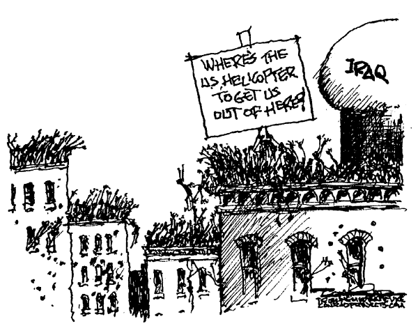 Political cartoon on Progress in Iraq by Paul Conrad, Tribune Media Services