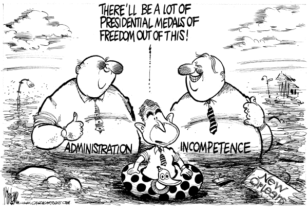 Political cartoon on Bush Responds to Katrina by Mike Lane, Cagle Cartoons
