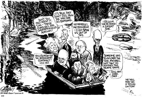 Political cartoon on Bush Responds to Katrina by Pat Oliphant, Universal Press Syndicate