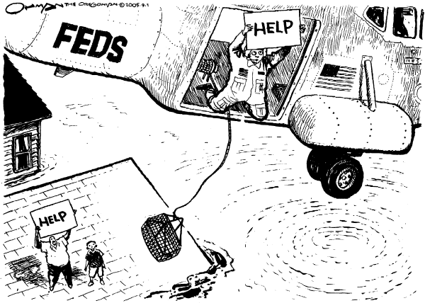 Political cartoon on Feds Respond to Katrina by Jack Ohman, The Oregonian