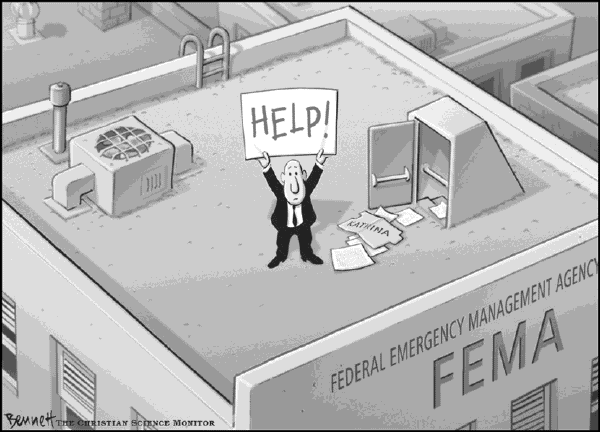 Political cartoon on Feds Respond to Katrina by Clay Bennett, Christian Science Monitor