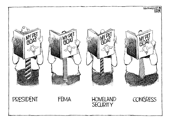 Political cartoon on Feds Respond to Katrina by Don Wright, Palm Beach Post