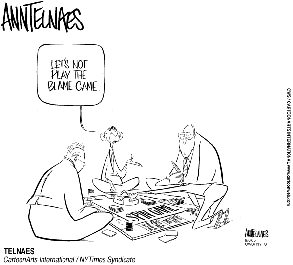 Political cartoon on Feds Respond to Katrina by Ann Telnaes, Tribune Media Services