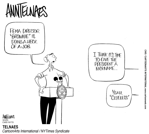 Political cartoon on Bush Accepts Responsibility by Ann Telnaes, Tribune Media Services