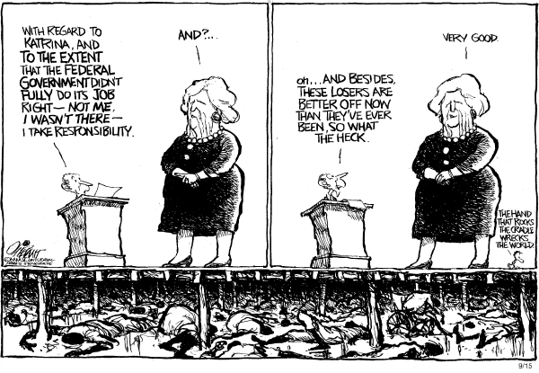 Political cartoon on Bush Accepts Responsibility by Pat Oliphant, Universal Press Syndicate